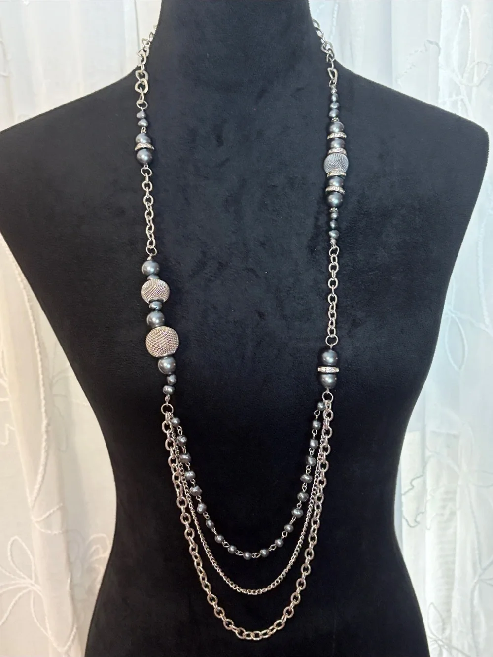 Layered Silver-Tone and Gunmetal Beaded Long Necklace